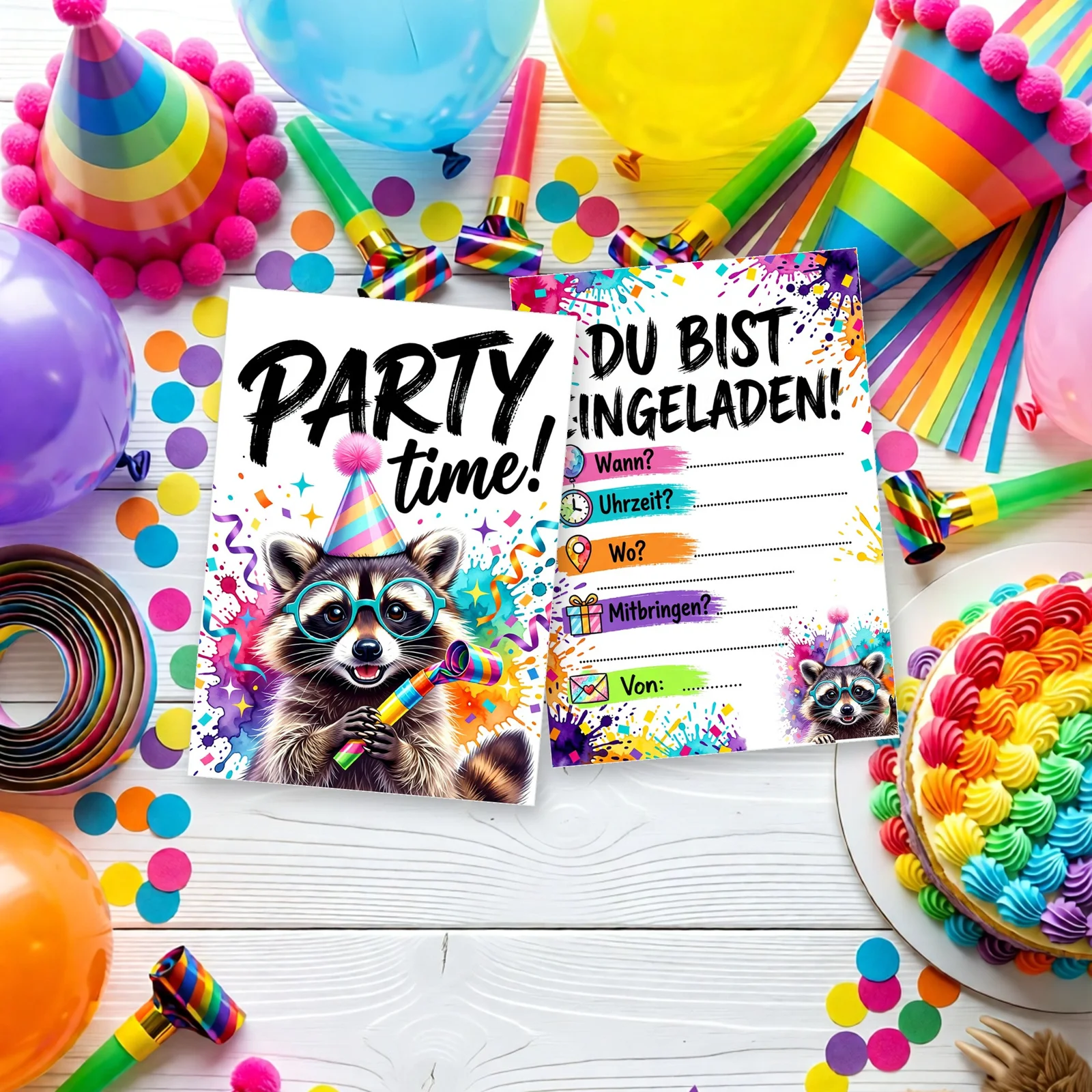 Einladungskarte Party Waschbär 10er Set A6